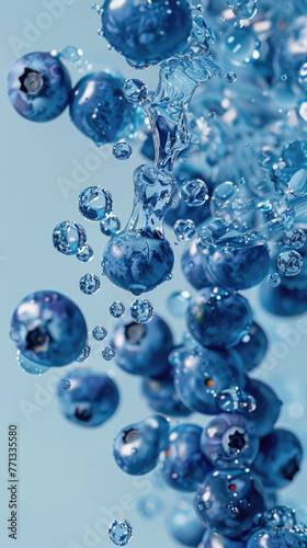 blueberry explosion, on baby blue background, in the style of mike campau, spirited movement