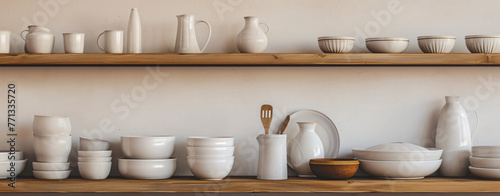 white porcelain utensils on shelves in the style of pat ded291ad-5f12-4a87-bf05-d73fd36053b2 photo