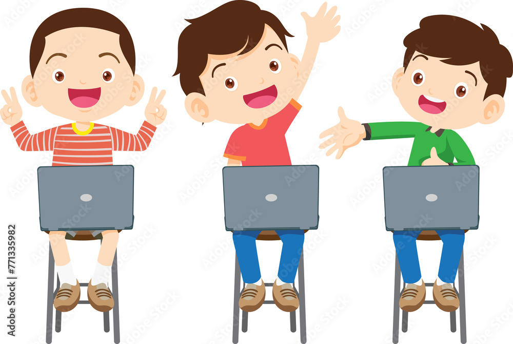 E-Learning concept Students kids Reading and online learning technology with computer laptop smartphone