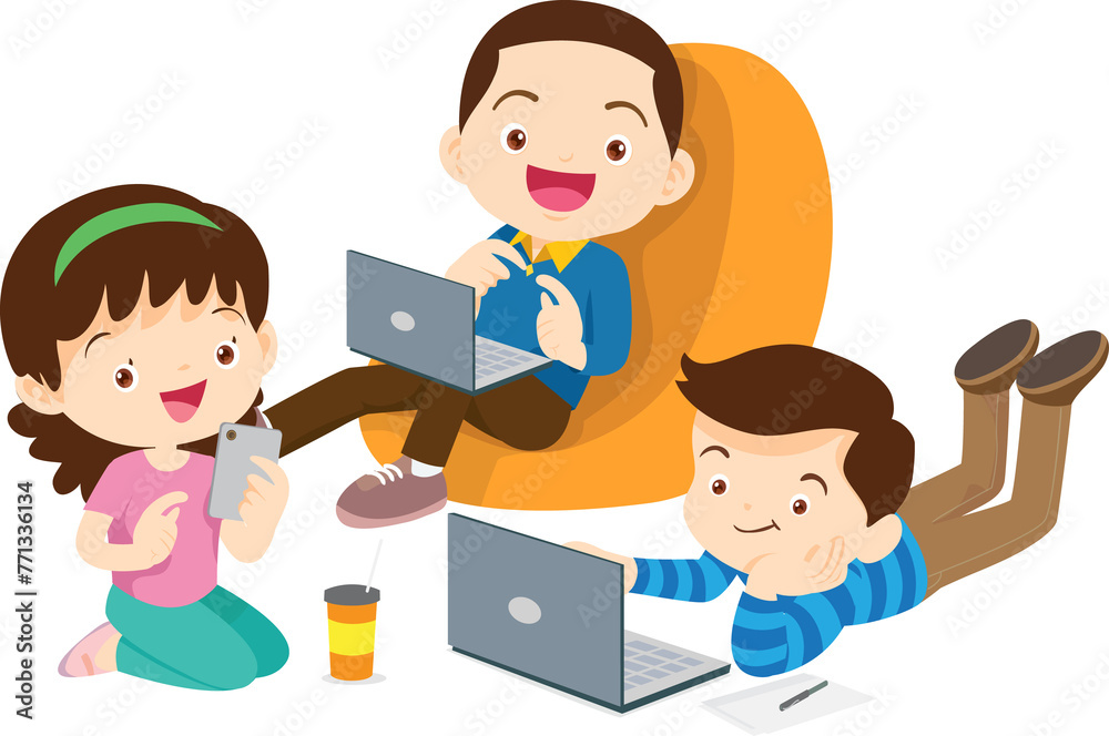 E-Learning concept Students kids Reading and online learning technology with computer laptop smartphone E-Learning concept Students kids Reading and online learning technology with computer laptop smartphone