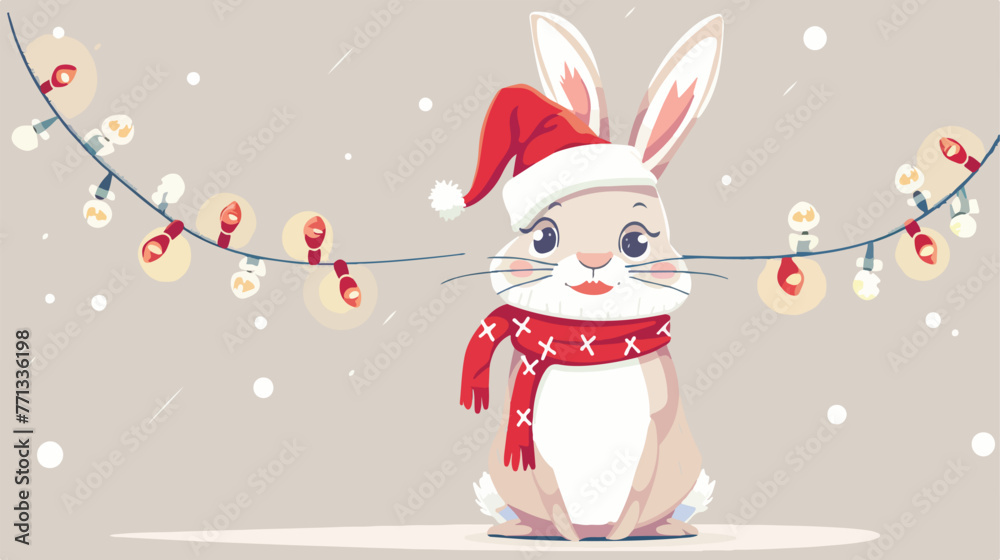 Cartoon rabbit wearing santa hat and scarf 