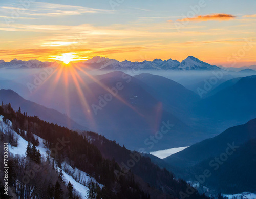 Serene Mountain Vista. Capture a breathtaking sunrise over snow-capped mountains © Abele
