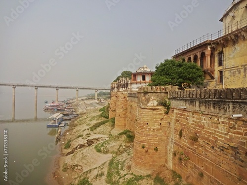 The defensive wall of a fortress located next to a river, RAMNAGAR FORT, VARANASI, UTTAR PRADESH