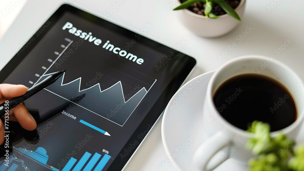 Hand holding tablet with text passive income, data graph, business and finance concept background, people and technology template, 