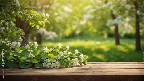 empty wood board for branding on Spring beautiful background