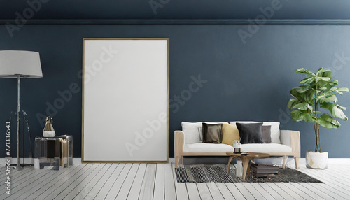 The modern interior design concept of living room and empty canvas frame and dark blue wall background and white wooden floor. 3d rendering.