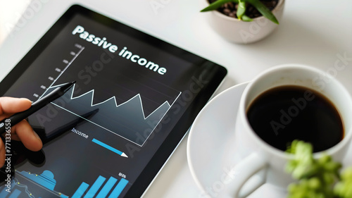 Hand holding tablet with text passive income, data graph, business and finance concept background, people and technology template, 