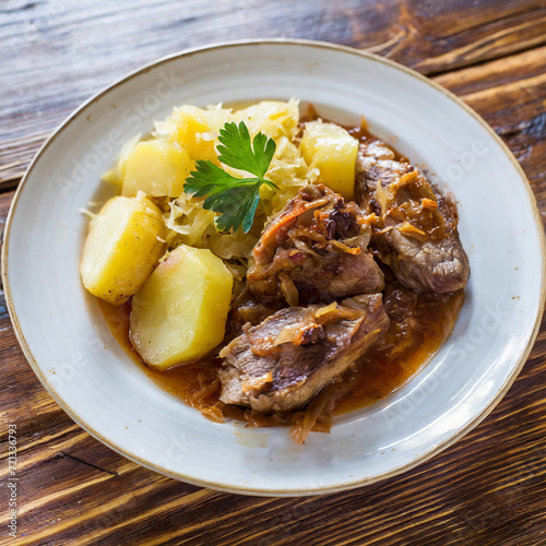 Typical Alsatian dish with Sauerkraut, meat and roasted potatoes nicely garnished.