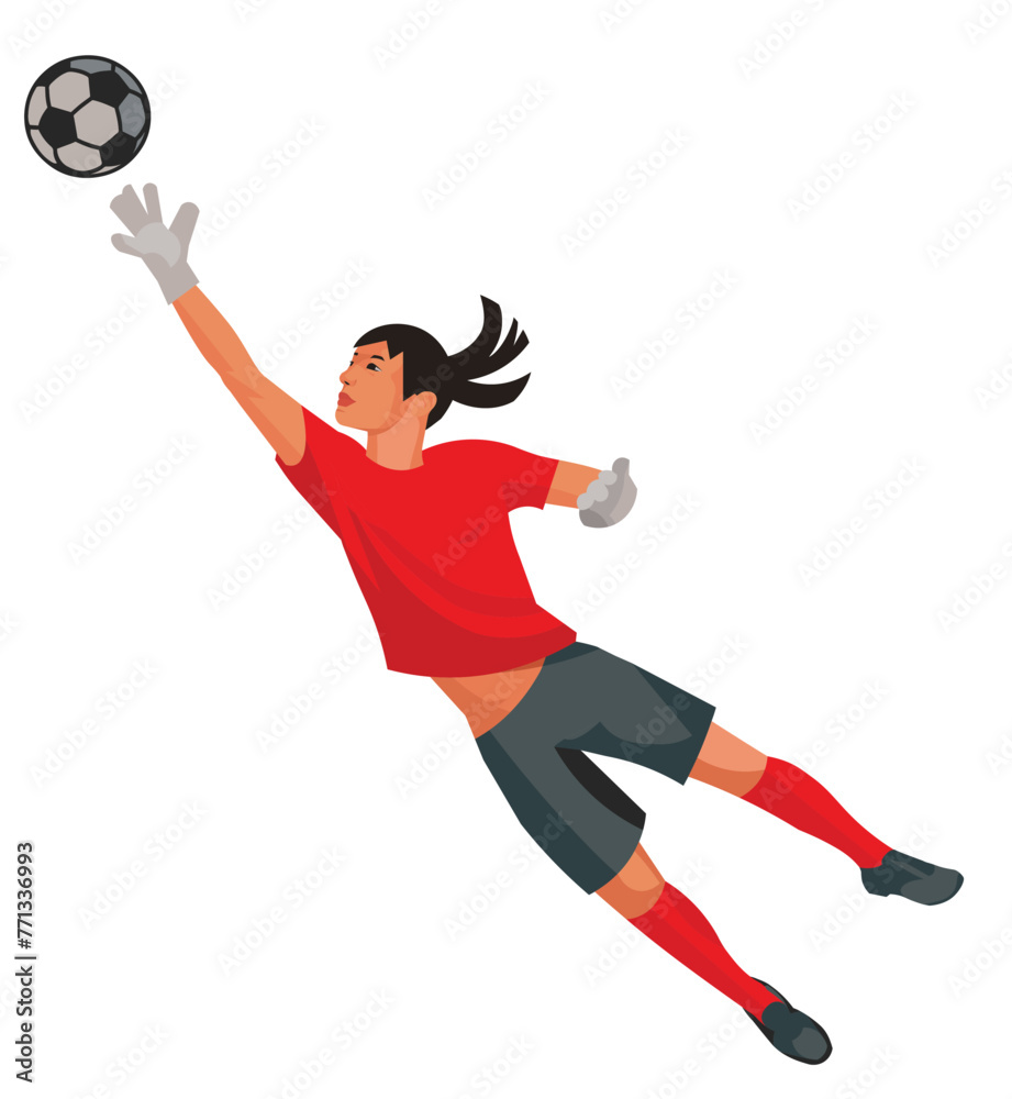 Asian young girl figure of a junior women's football goalkeeper in red sports t-shirt kicks the ball with her foot