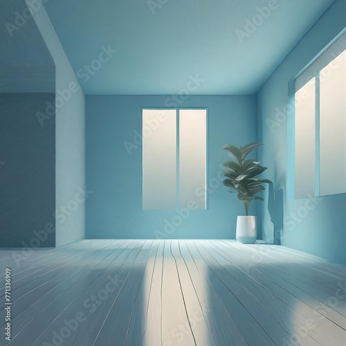 Universal minimalistic blue background for presentation. A light blue wall in the interior with beautiful built-in lighting and a smooth floor.