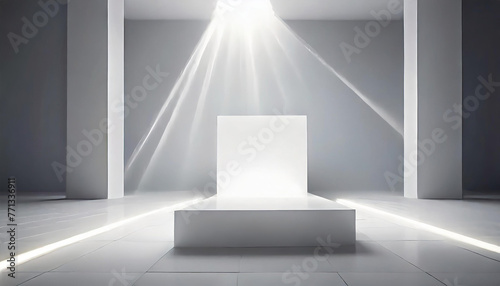 An empty room with a white square dais in the center. A beam of light shines down from the ceiling, casting a bright glow onto the floor. The walls are also white