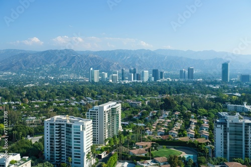 Century City Skyline Aerial View with LA, Beverly Hills, and the Santa Monica Mountains. Urban Architecture and Outdoors on an Afternoon in the City