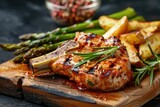 Delicious Grilled Pork Chop with Rosemary and Asparagus on Wooden Board. A Perfectly Grilled and Cooked Meal, Low on Cholesterol with Side of Chips