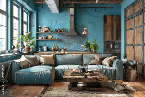 Modern Boho Sky Blue Rustic style loft interior and living room Dynamic Spaces.