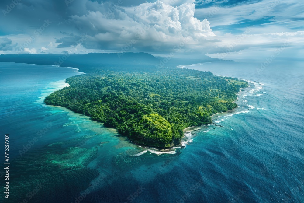 Exploring the Scenic Coast of New Guinea: A Breathtaking Aerial Shot of the Island's Natural Beauty