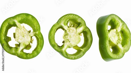 Green Bell Pepper Slice - Top and Angle Views with Isolated Background - High Quality Large Unripe Fresh Cut Portion