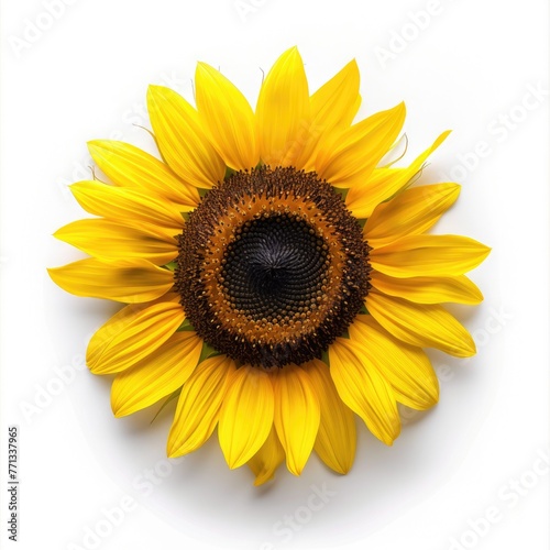 Isolated Sunflower on White Background for Agriculture or Botany Concepts. Top View of Blossoming Beauty with Bright Colours in a Circle