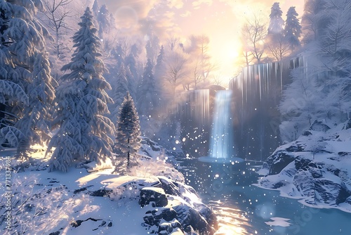 : A world where all things are covered in snow, with glittering, ice-coated trees, frozen crystal lakes and waterfalls, and a magical snowflake-filled sky