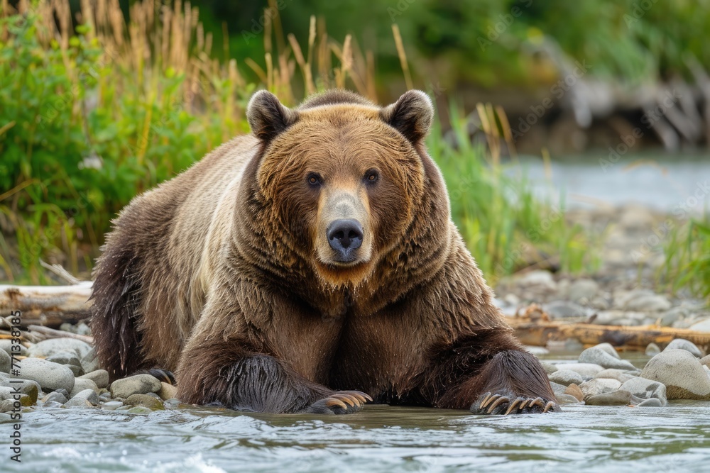 North Summer Adventure with Adorable Grizzly Bear. Active Adult Bear North Summer Adventure with Adorable Grizzly Bear. Active Adult Bear
