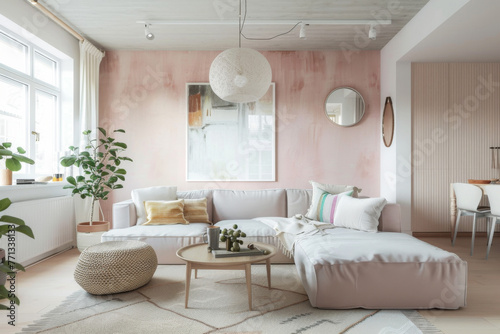 Modern French blush Pink Scandinavian style house interior Flexible Furniture. © BoubouArt
