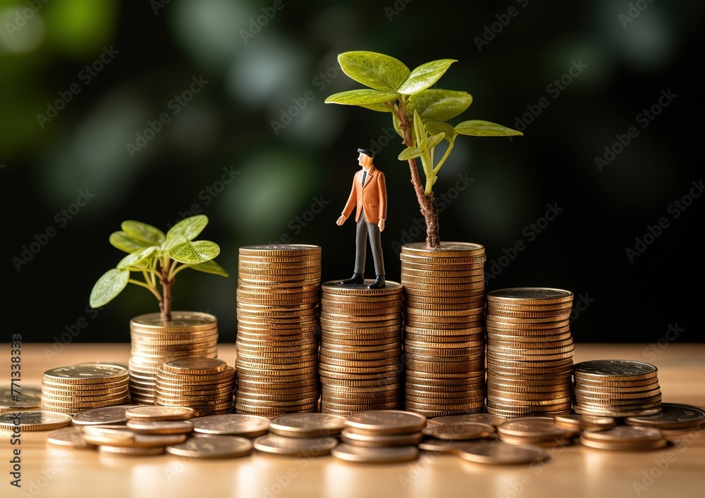 Miniature Man Standing on Pile of Coins Miniature Man Standing on Pile of Coins