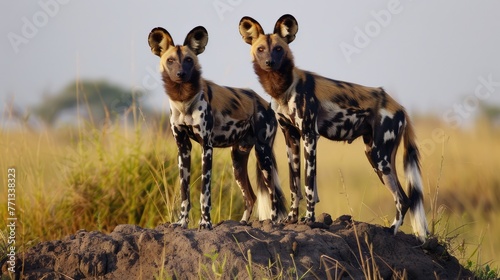 Painted Dogs in African Bush. Endangered Carnivorous African Animal in Botswana