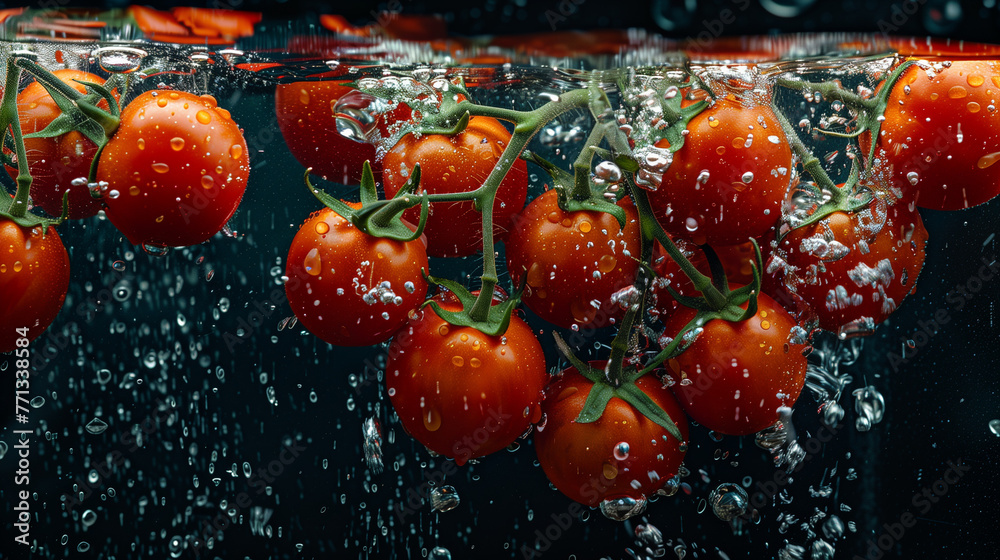 A bunch of ripe tomatoes, with water droplets, falling into a dark black water tank, creating a colorful contrast and intricate splash patterns, 30 cm. In underwater photography, natural sunlight