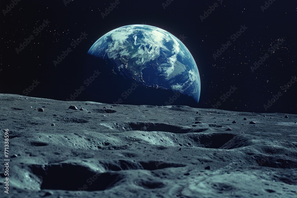 View of Blue Earth from Lunar Surface with Craters and Space Mission Satellite Seen in Background - obrazy, fototapety, plakaty 