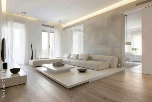 Modern French White Minimalist style apartment interior and living room Sustainable Design.