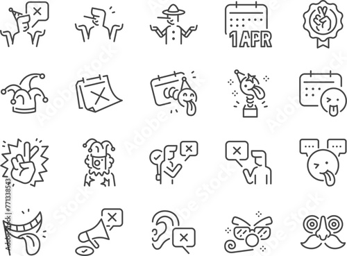 April Fools' Day icon set. It includes fools, clowns, pranks, lies, jokes, and more icons. Editable Vector Stroke.
