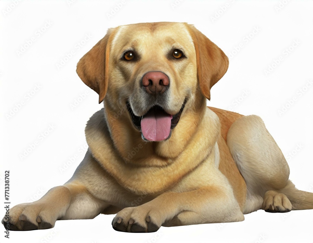 Yellow Labrador dog lying down, isolated against a white background