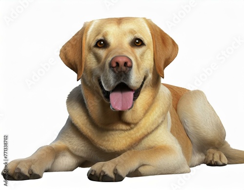 Yellow Labrador dog lying down, isolated against a white background