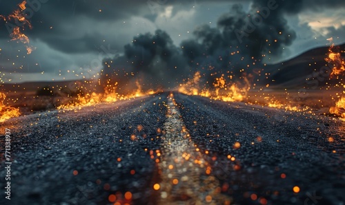 An asphalt road in the middle of nowhere with fire flame and spark effects, Generative AI