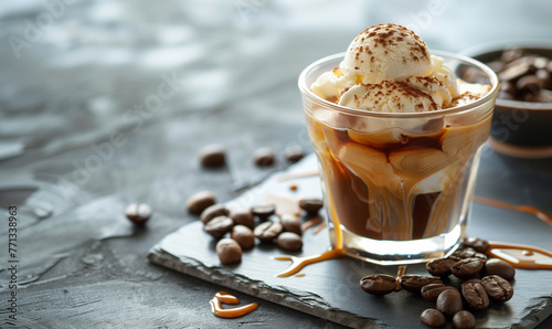 affogato coffee with ice cream and espresso on a granite table with copy space wallpaper