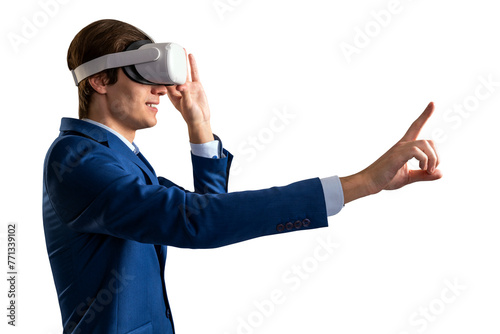 A man in a blue suit using virtual reality headset, interacting with virtual interface, against a white background
