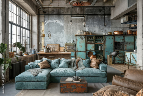 Modern French Pastel Blue Industrial style house interior and living room Maximalist Design.