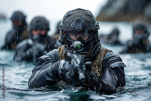 A group of Navy SEALs in tactical gear advancing through water under harsh weather conditions, with a focused soldier aiming his weapon at the forefront.