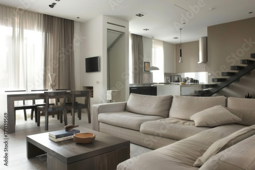 Modern French Taupe Gray Minimalist style house interior and living room Biophilic Design. © BoubouArt
