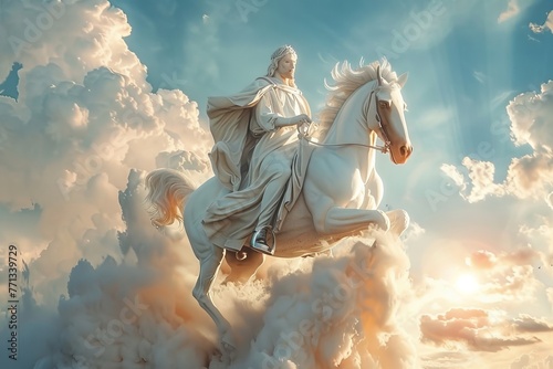 Jesus Christ with the name of Michael sitting on a white horse Victory over the forces of evil, Generative AI