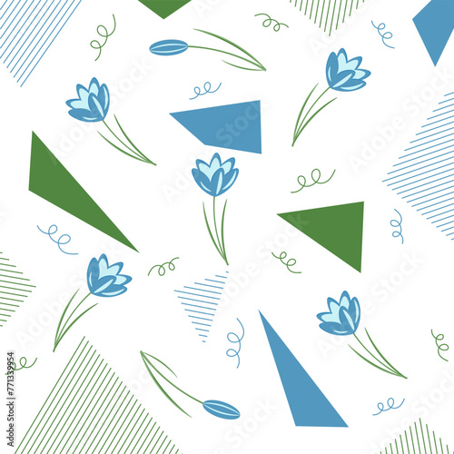 Snowdrops wallpaper with trendy Geometric Doodle element. Spring seamless pattern with Snowdrops in modern Geometrical style. Vector illustration can used wallpaper bed linen textile print. EPS 10