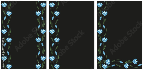 Vector Snowdrops card Set. Collection elegance Wedding card template with blue Crocus. Vector illustration can used card postcard cover design. Bridal invitation aesthetic. EPS 10