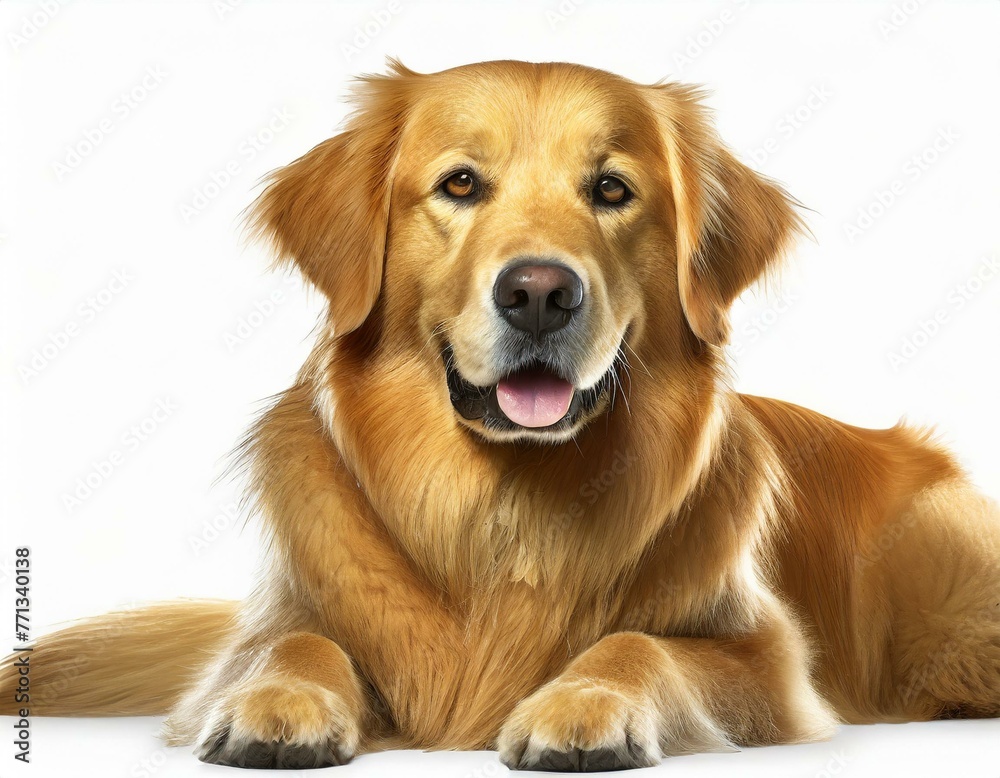 Golden retriever lying down, isolated against a white background