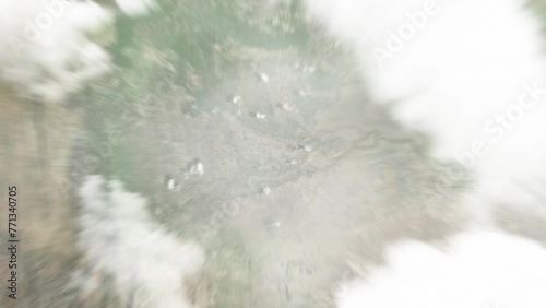 Earth zoom in from space to Ongata Rongai, Kenya. Followed by zoom out through clouds and atmosphere into space. Satellite view. Travel intro. Images from NASA photo