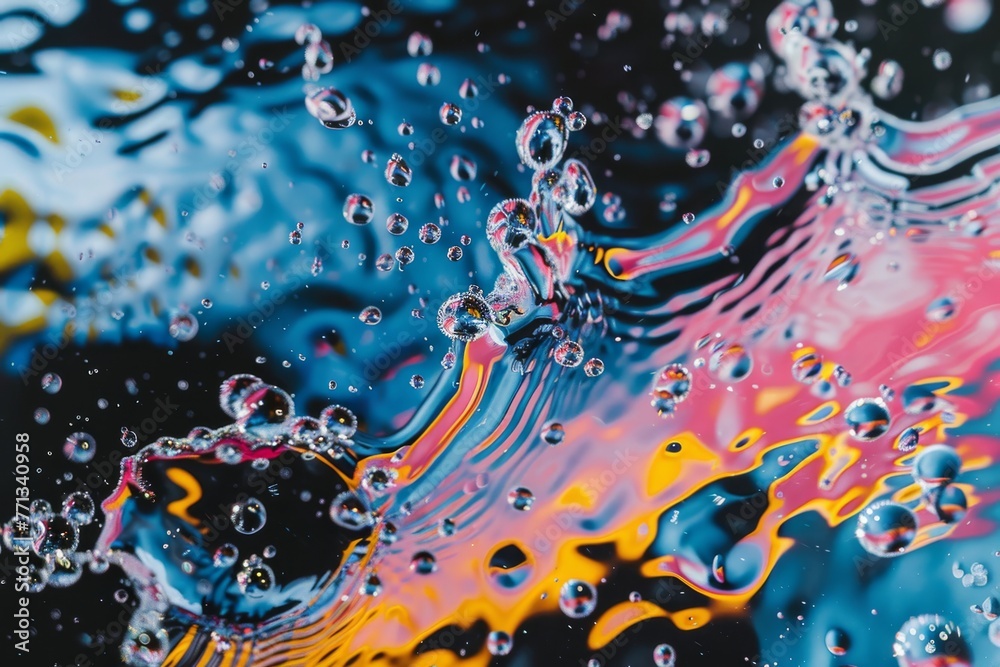 Fototapeta premium Colorful paint swirls and droplets on surface. This image captures a vibrant mix of colorful paint swirling together, creating a dynamic and fluid abstract pattern with droplets scattered throughout 