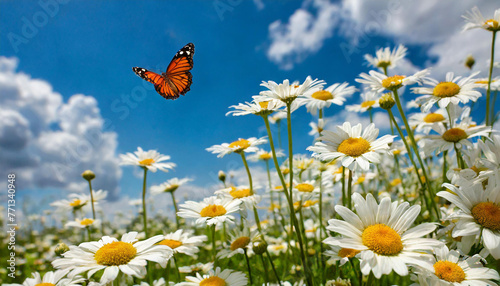 Flowers daisies in summer spring meadow on background blue sky with white clouds, flying orange butterfly, wide format. Summer natural idyllic pastoral landscape, copy space.
