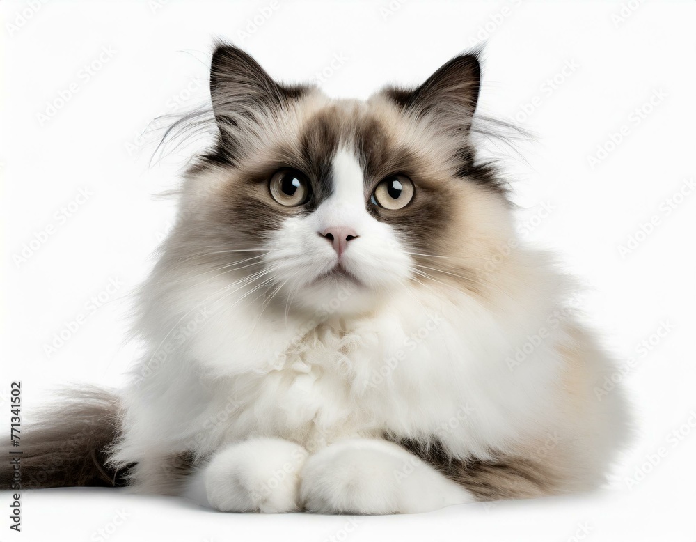 Ragdoll cat lying down, isolated against a white background