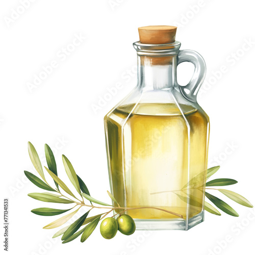 Olive oil bottle illustration with olive branch