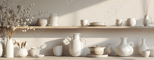 white vases wooden table coffee cups pots and pans on s c89ad247-d5f0-4405-925e-9efc62ea7572 photo