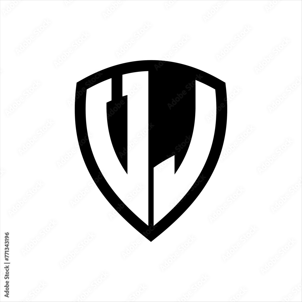 VJ monogram logo with bold letters shield shape with black and white color design VJ monogram logo with bold letters shield shape with black and white color design