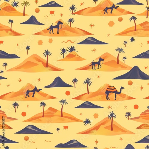 Seamless pattern of the Sahara desert at sunset  incorporating Moroccan nomadic life elements. Seamless Pattern  Fabric Pattern  Tumbler wrap  Mug Wrap.
